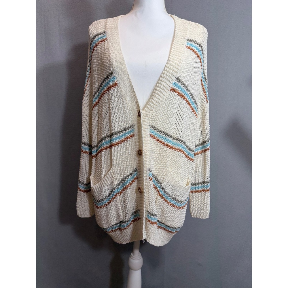 POL Striped Open Knit Cardigan Cream Blue Brown Y2K Boho Cottagecore Medium